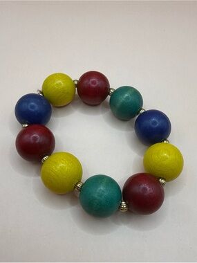Vintage Rainbow Wood Chunky Bead Stretch Bracelet w Gold Tone Spacers